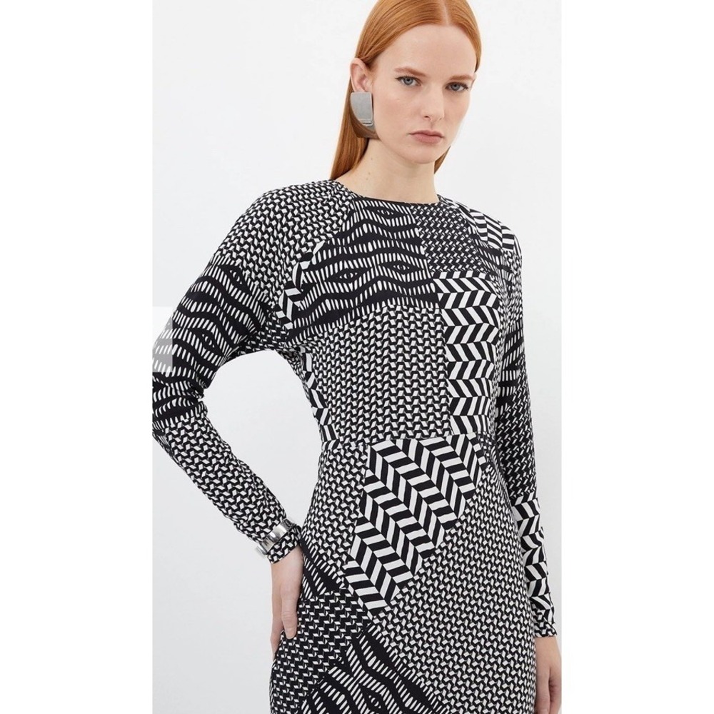 Karen Millen Geo Print Abstract Op Art Midi Dress Morocain NWT $350.00 UK 8 US 4 - Picture 2 of 11